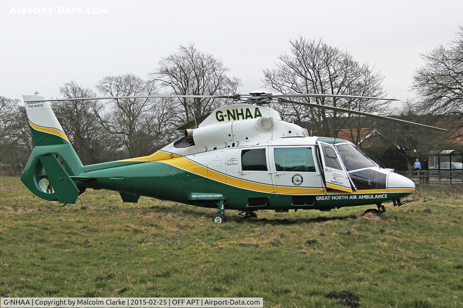 G-NHAA, 1991 Aerospatiale AS-365N-2 Dauphin C/N 6431, Great North Air Ambulance Aerospatiale AS-365N-2 Dauphin on an emergency call in Sedgefield Village UK. February 25th 2015.