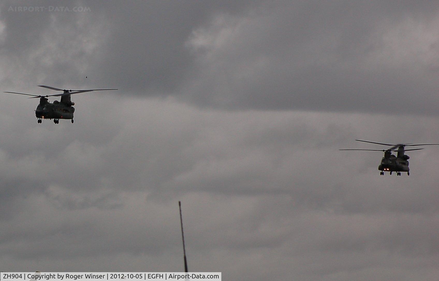 ZH904, 2001 Boeing Chinook HC.3 C/N M4483, Swansea grey. Flypast by two RAF Odiham based Chinook HC.3 helicopters with ZH904 leading ZH903.