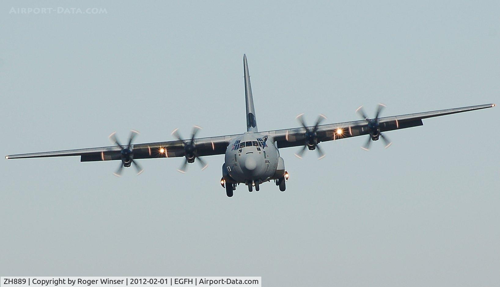 ZH889, 2000 Lockheed Martin C-130J Hercules C.5 C/N 382-5500, RAF Hercules C.5 coded 889 of the Brize Norton Transport Wing makes a practice approach to Runway 22 at Swansea Airport.