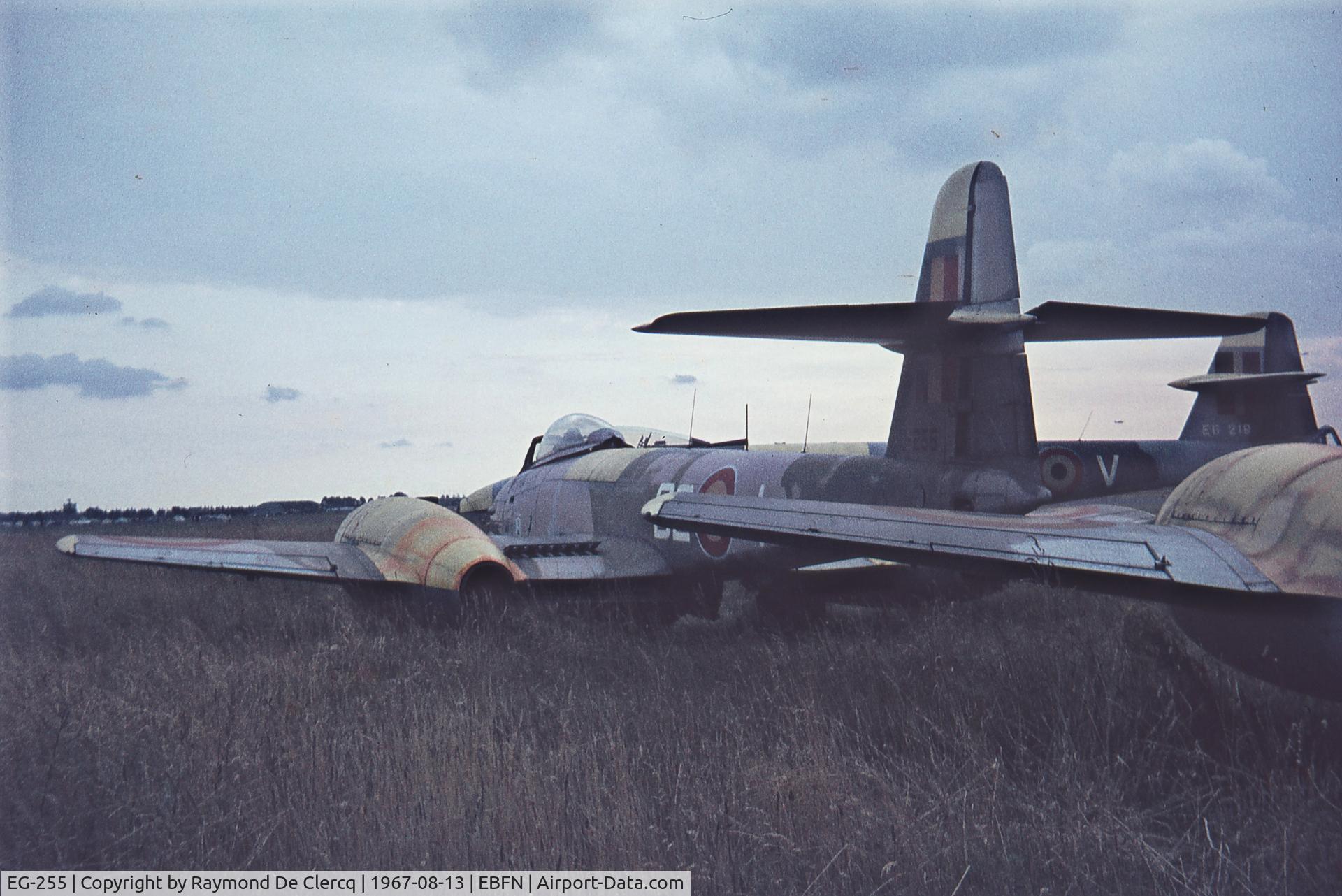 EG-255, Gloster Meteor F.8 C/N Not found EG-255, 20 scrapped Meteors of the target towing flight (TTF) at Koksijde ,seen after the BAF meeting in 1967. B2-I was assembled by Fairey and ended active service in 1963.