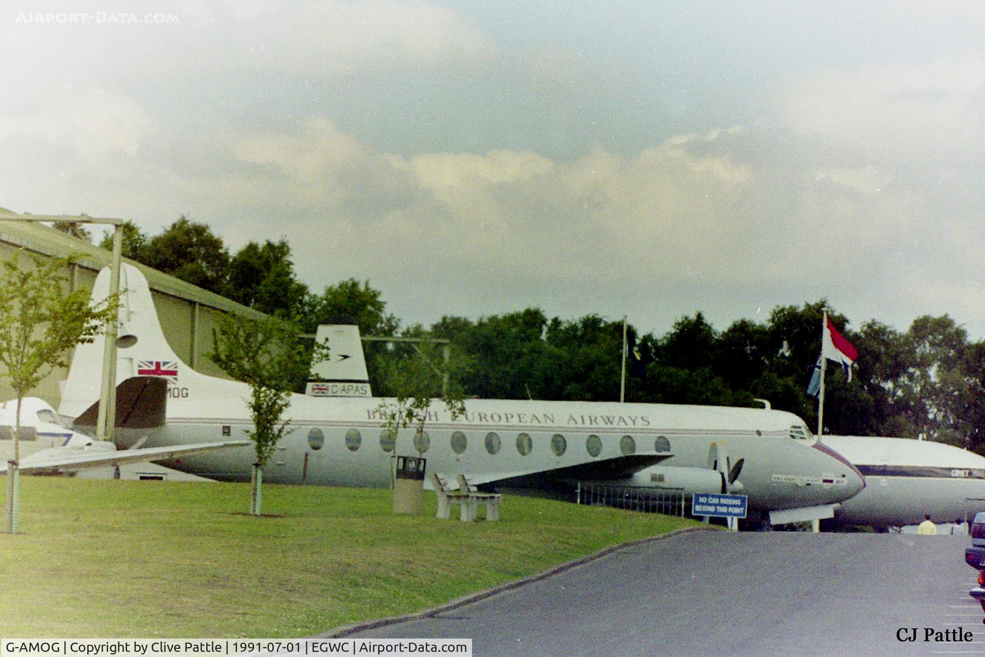G-AMOG, 1953 Vickers Viscount 701 C/N 7, A shot from 1991 when the British Airways Collection was still in existance and positioned externally at the RAF Museum at Cosford EGWC. The photo includes the now scrapped Viscount G-AMOG and the Comet G-APAS