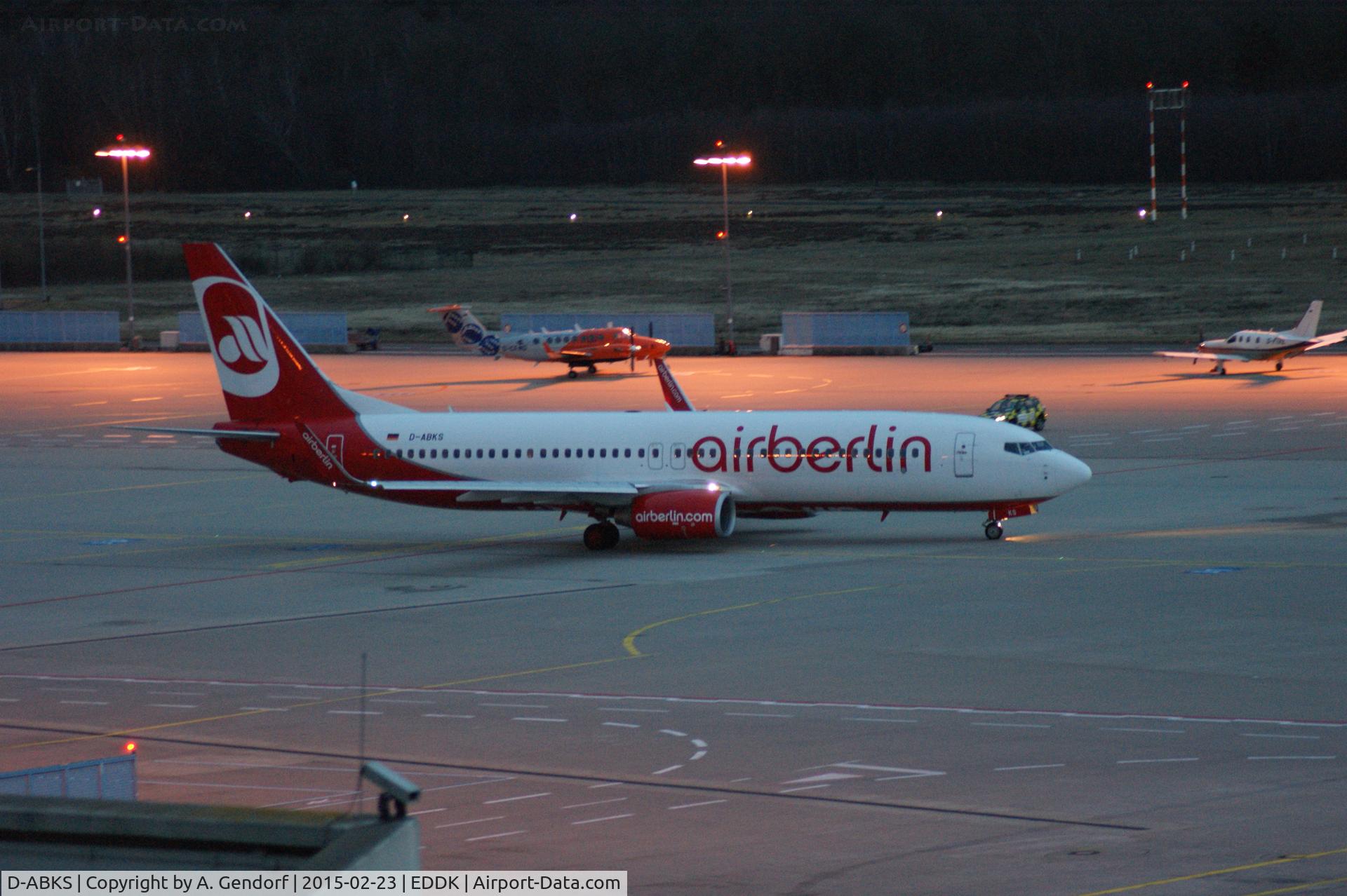 D-ABKS, 2011 Boeing 737-86J C/N 36880, Air Berlin, is seen here in the evening taxiing to the runway for takeoff at Köln / Bonn Airport(EDDK)