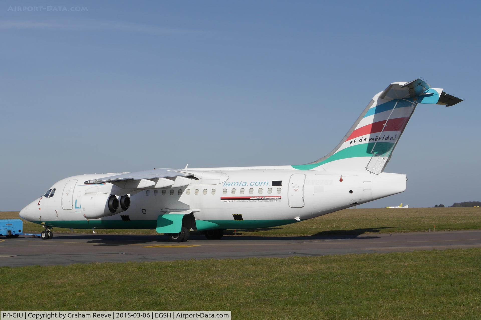 P4-GIU, 1999 British Aerospace Avro 146-RJ85A C/N E2349, Under tow at Norwich with all four engines removed.