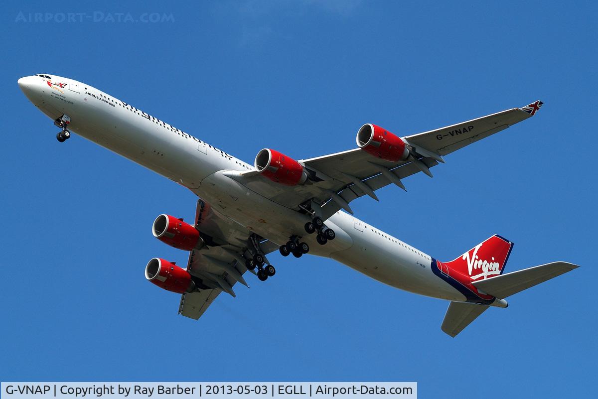 G-VNAP, 2005 Airbus A340-642 C/N 622, Airbus A340-642 [622] (Virgin Atlantic) Home~G 03/05/2013. On approach 27R.