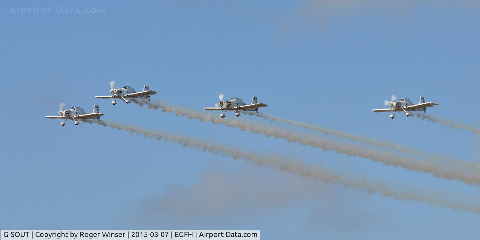 G-SOUT, 2006 Vans RV-8 C/N PFA 303-13295, Team Raven in 'finger four' formation practice with G-SOUT in the # 5 slot (to the right of the picture). Led by G-MAXV with G-VFDS in the # 2 slot and G-EGRV in the # 3 slot.