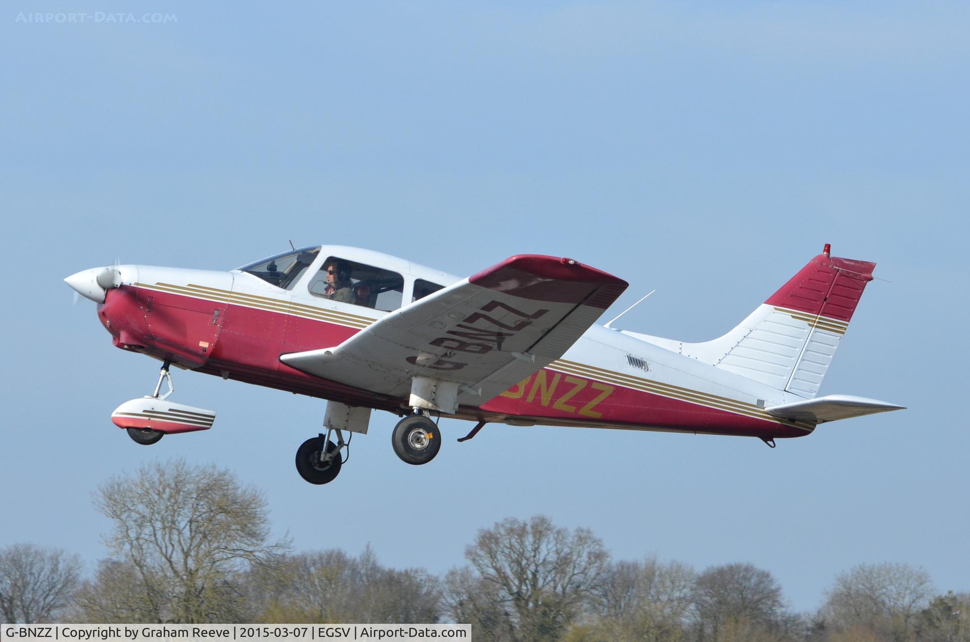G-BNZZ, 1982 Piper PA-28-161 Cherokee Warrior II C/N 28-8216184, Departing from Old Buckenham.