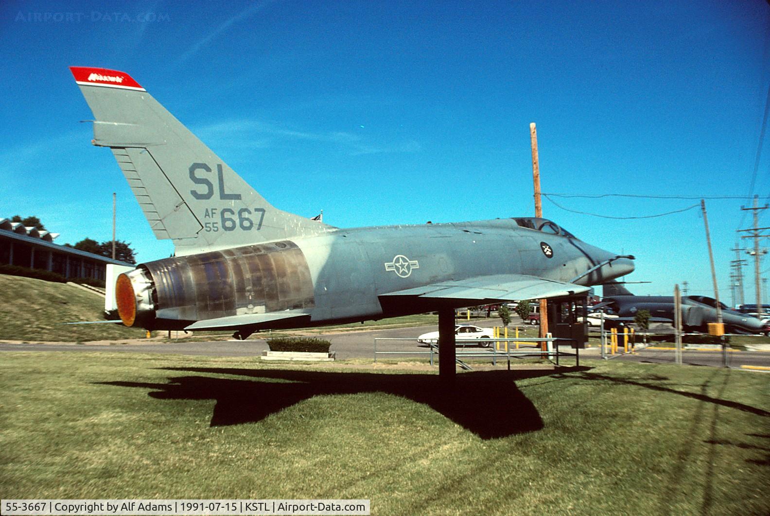 55-3667, 1955 North American F-100D  Super Sabre C/N 223-349, At the gate of the Air National Guard Base at St Louis, Missouri International Airport in 1991.