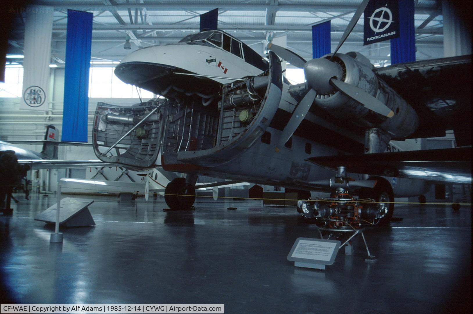 CF-WAE, 1955 Bristol 170 Freighter Mk.31M C/N 13219, At the Royal Aviation Museum of Western Canada, Winnipeg, Manitoba in 1985.