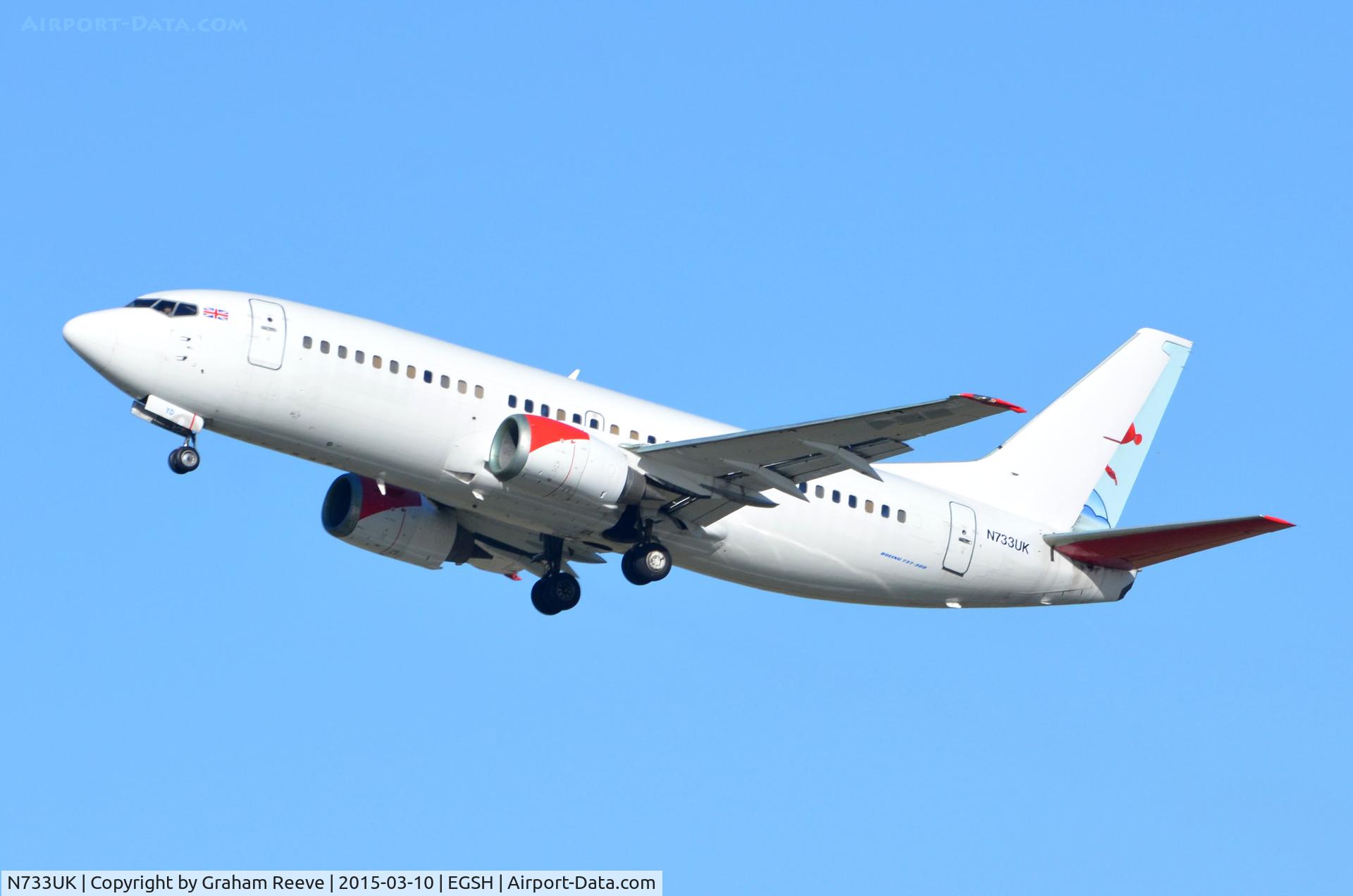 N733UK, 1994 Boeing 737-3Q8 C/N 26307, Ex G-TOYD, departing from Norwich having been in store.