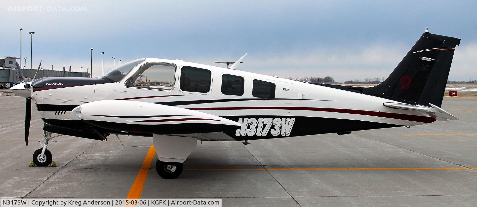 N3173W, 1974 Beech A36 Bonanza 36 C/N E-513, Beech A36 Bonanza on the ramp in Grand Forks, ND.