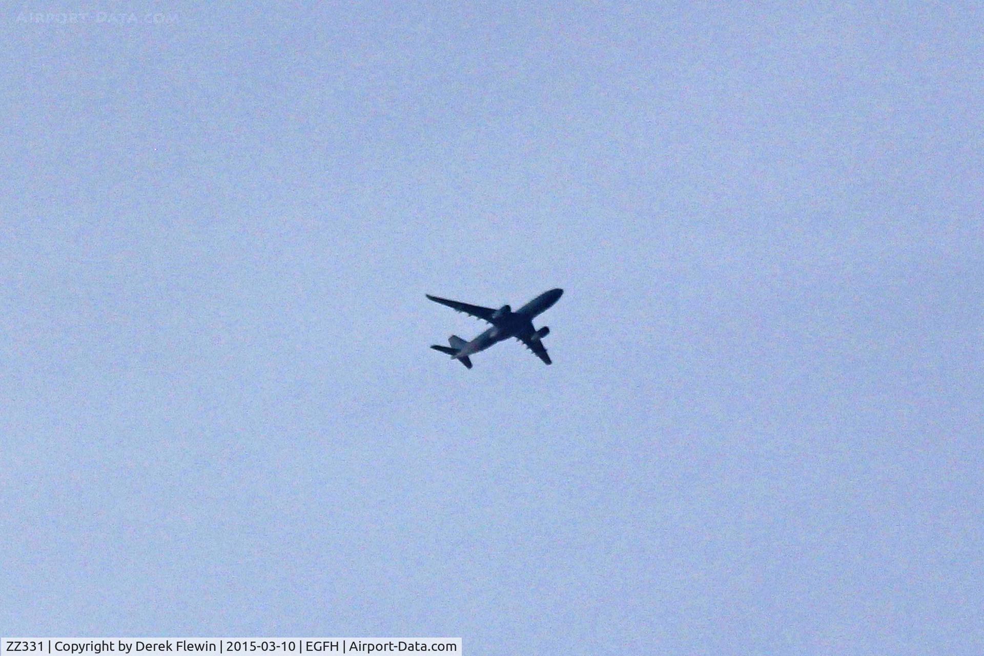 ZZ331, 2011 Airbus KC2 Voyager (A330-243MRTT) C/N 1248, Voyager A330-243MRTT, Royal air Force, 10\101 Squadrons, previously F-WWYE, MRTT018, EC-33!, G-VYGB, callsign Reach 2115, 446k, 26000' AGL, seen overflying EGFH, en-route to RAF Brize Norton
