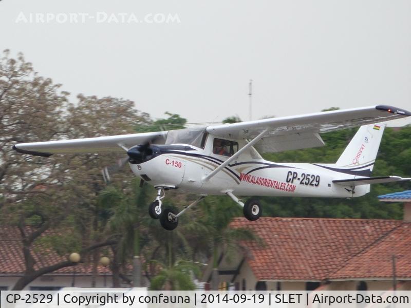CP-2529, Cessna 150 C/N 15075657, Alas Orientales trainer, with new paint, landing at El Trompillo