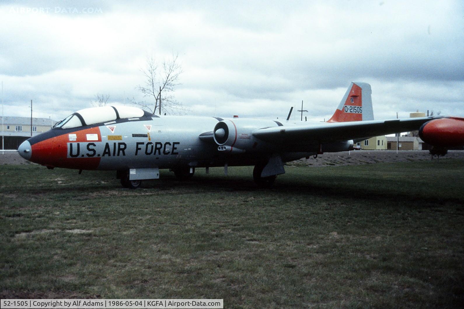 52-1505, 1952 Martin EB-57B Canberra C/N 088, Displayed at Malmstrom Air Force Base, Great Falls, Montana in 1986.