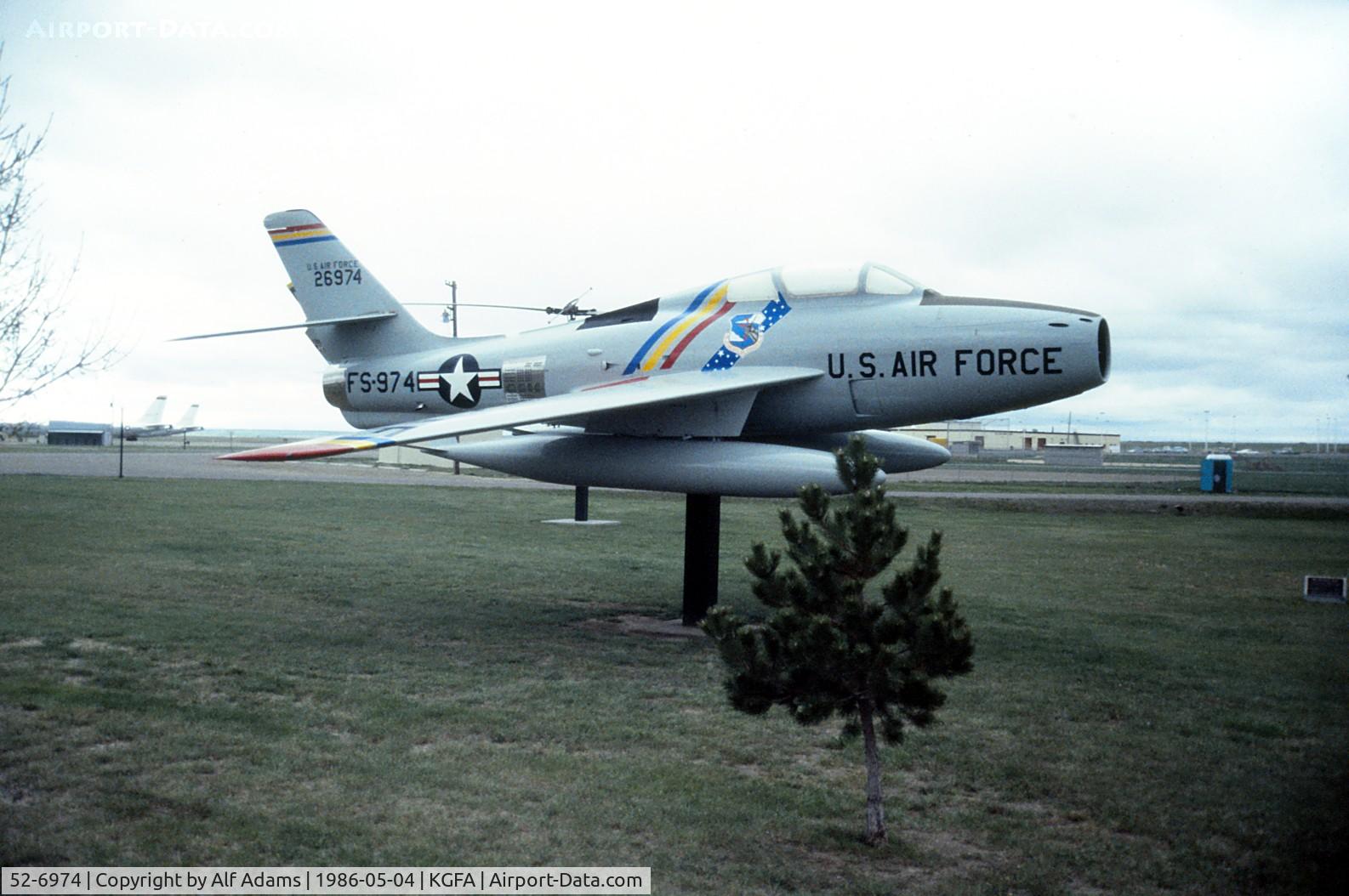 52-6974, 1952 Republic F-84F Thunderstreak C/N Not found 52-6969, Displayed at Malmstrom Air Force Base, Great Falls, Montana in 1986.