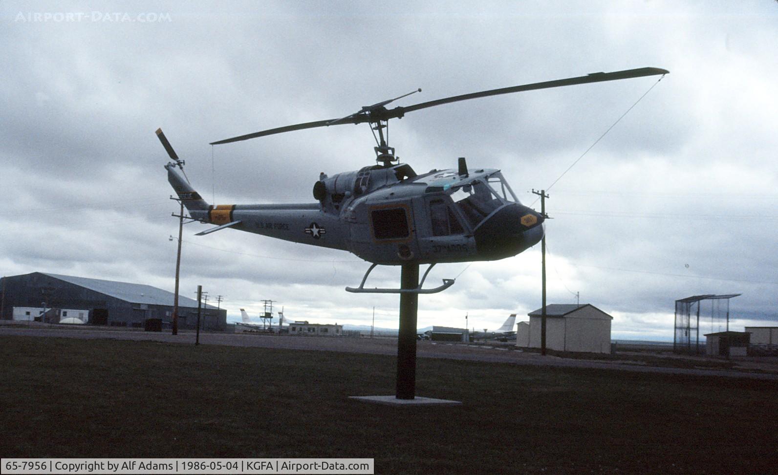 65-7956, Bell UH-1F Iroquois C/N 7097, Displayed at Malmstrom Air Force Base, Great Falls, Montana in 1986.