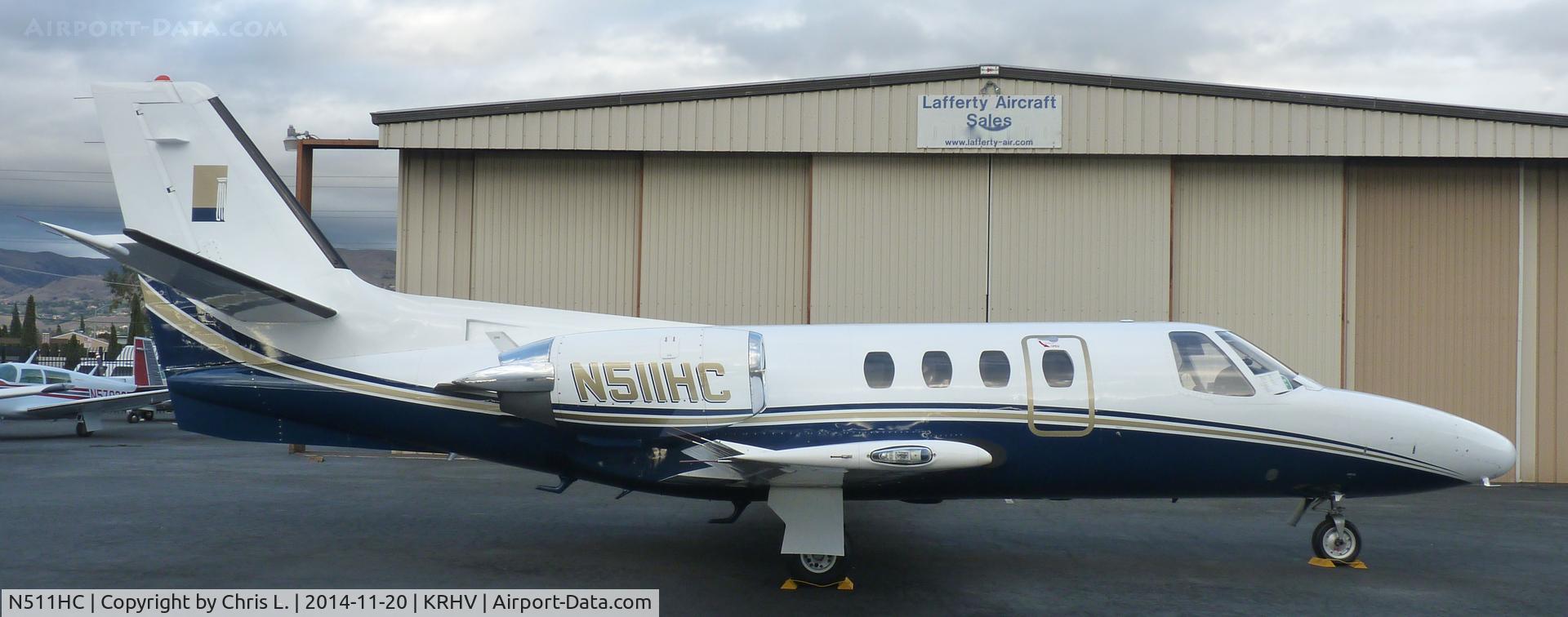 N511HC, 1979 Cessna 501 Citation I/SP C/N 501-0136, A rare transient Cessna Citation 1 sits in front of the Lafferty hangar at KRHV. They landed here for a business metting at the San Jose Intl Airport. Why they don't land at KSJC you may ask? 