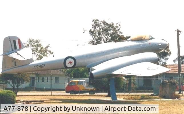 A77-878, 1952 Gloster Meteor F.8 C/N WK907, Mounted on 27th November 1973 at RAAF Villawood. 
A significant Landmark for people that lived in the area. 
It had been mounted for over 15 years.