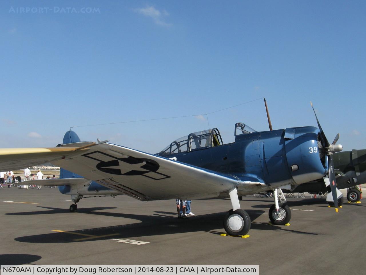 N670AM, 1993 Douglas SBD-5 Dauntless C/N 28536, 1993 Douglas/Maloney SBD-5 DAUNTLESS Dive Bomber, Wright R-1820 Cyclone 9 cylinder radial 1,200 Hp, a real flying rarity now. Note: Dive brakes retracted. Experimental class