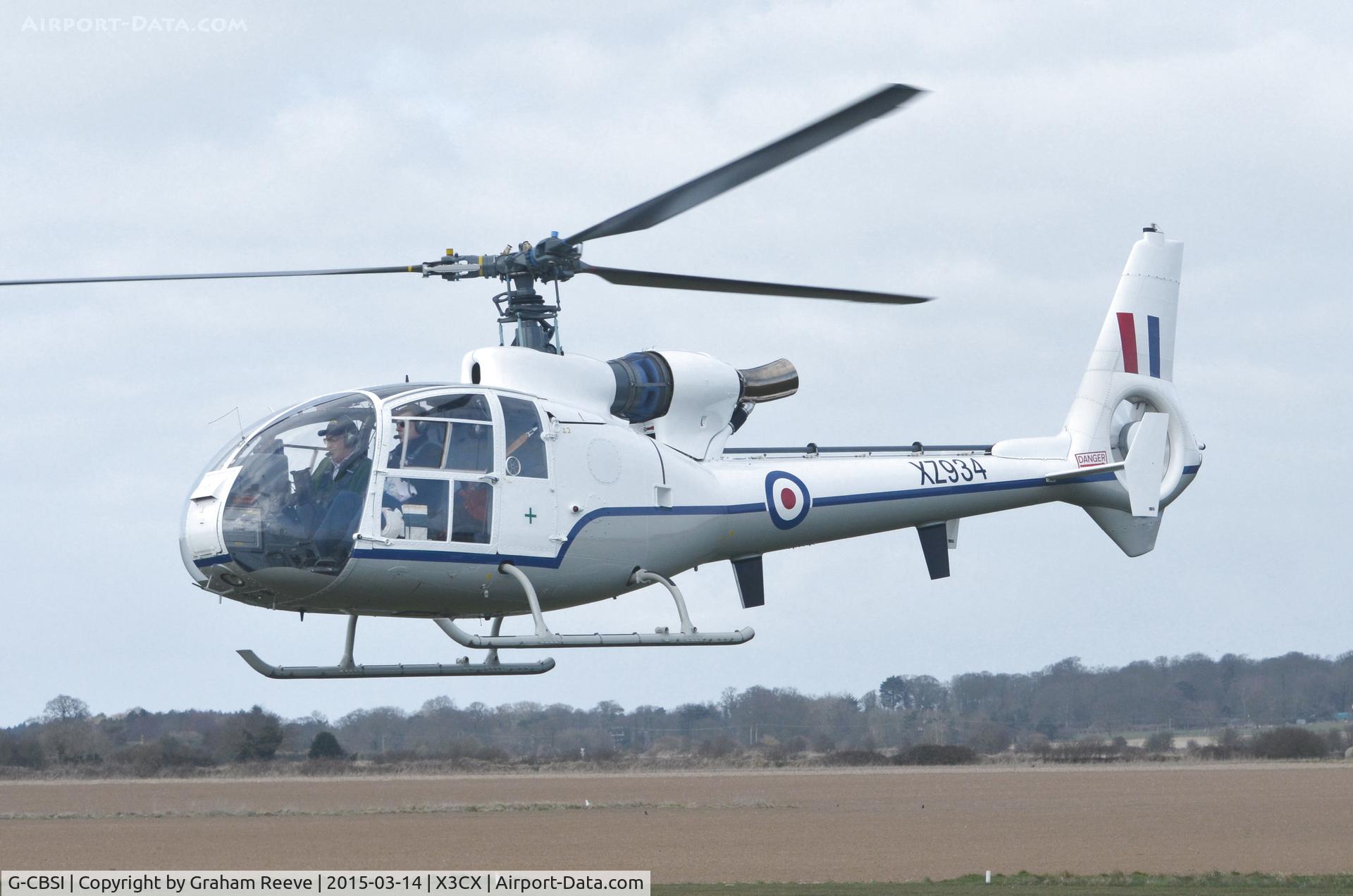 G-CBSI, 1978 Westland SA-341D Gazelle HT3 C/N WA1736, Departing from Northrepps.