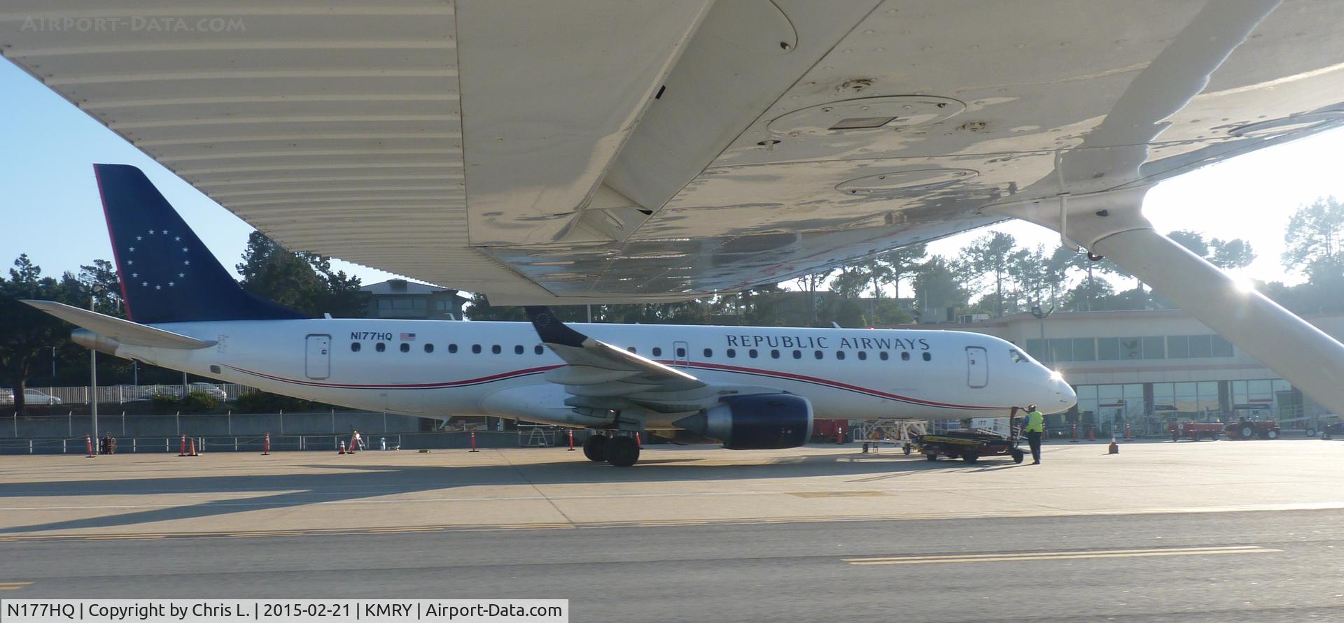 N177HQ, 2011 Embraer 190AR (ERJ-190-100IGW) C/N 19000481, Republic Airway's Embraer ERJ-190 sitting on the ramp at Monterey, getting ready for departure in 2 hours.
