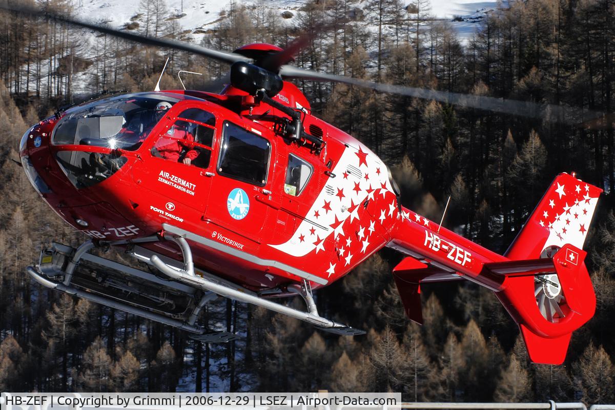 HB-ZEF, 2002 Eurocopter EC-135T-2 C/N 0259, The Star of the Stars in the Air Zermatt Fleet returns from another mission that day - a big Thank You to the crew, letting me photograph on the full helipad.
