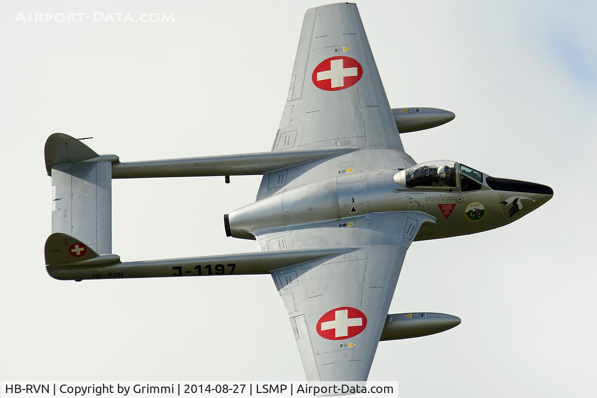 HB-RVN, 1952 De Havilland (FFA) Vampire FB.6 (DH-100) C/N 706, Vampire banking nicely in front of the crowd due rehearsal Air14