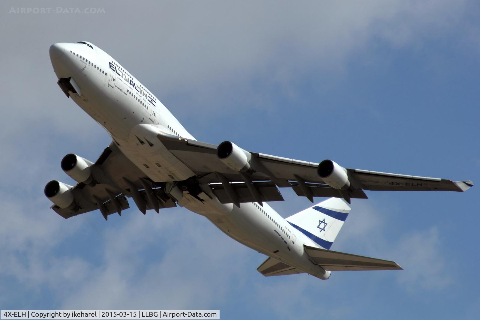 4X-ELH, 1996 Boeing 747-412 C/N 26555, T/O runway 26, en-route to Geneva.