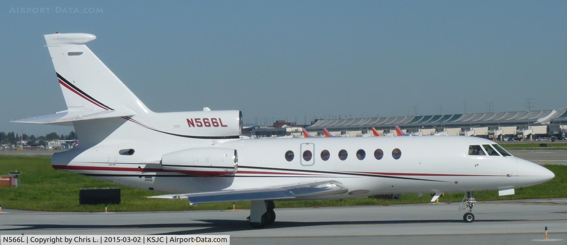 N566L, 1989 Dassault Falcon 50 C/N 196, A Falcon 50 holding short of 30L at San Jose International Airport.