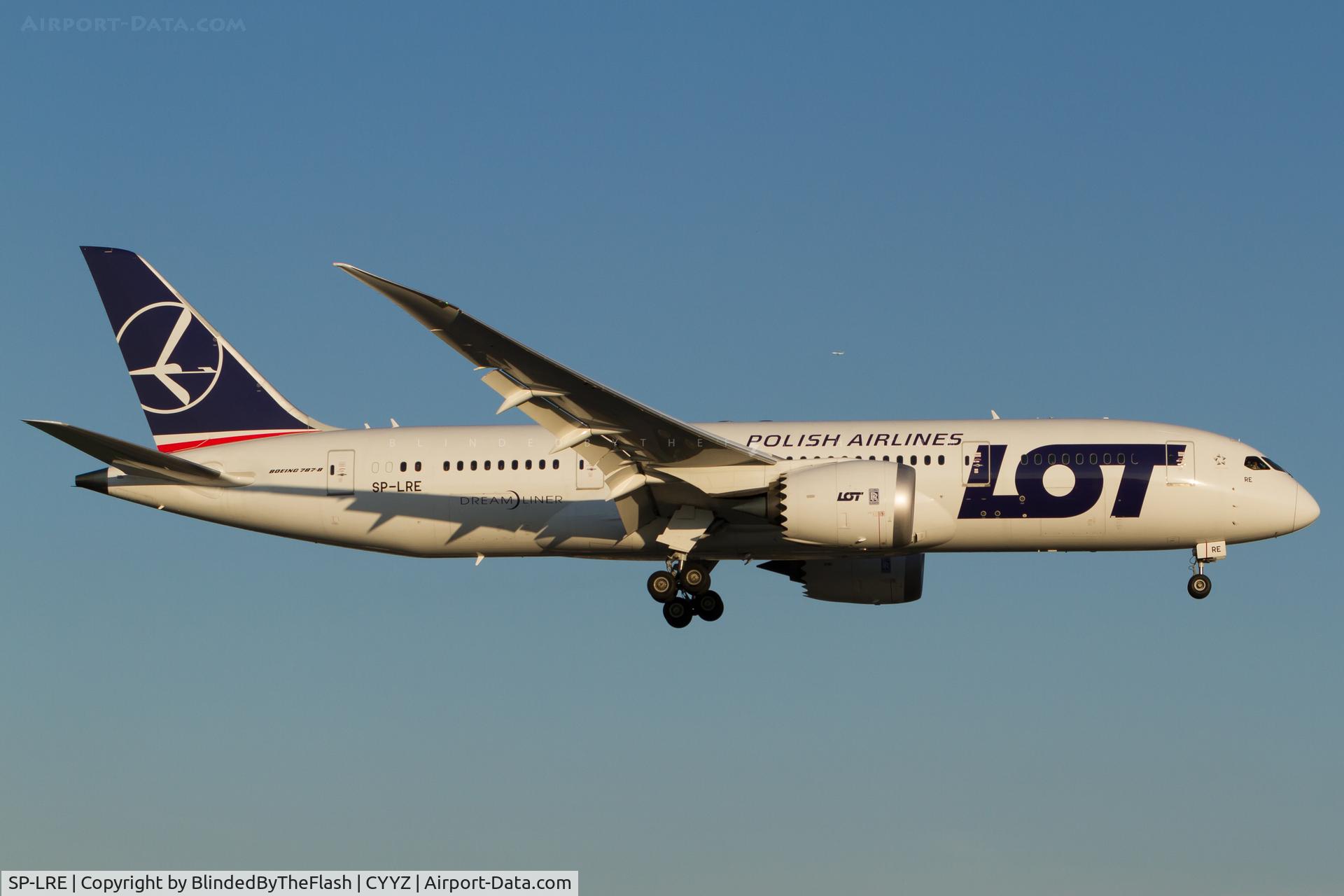 SP-LRE, 2013 Boeing 787-8 Dreamliner C/N 35939, On short final for runway 23 at Toronto Pearson in the golden hour