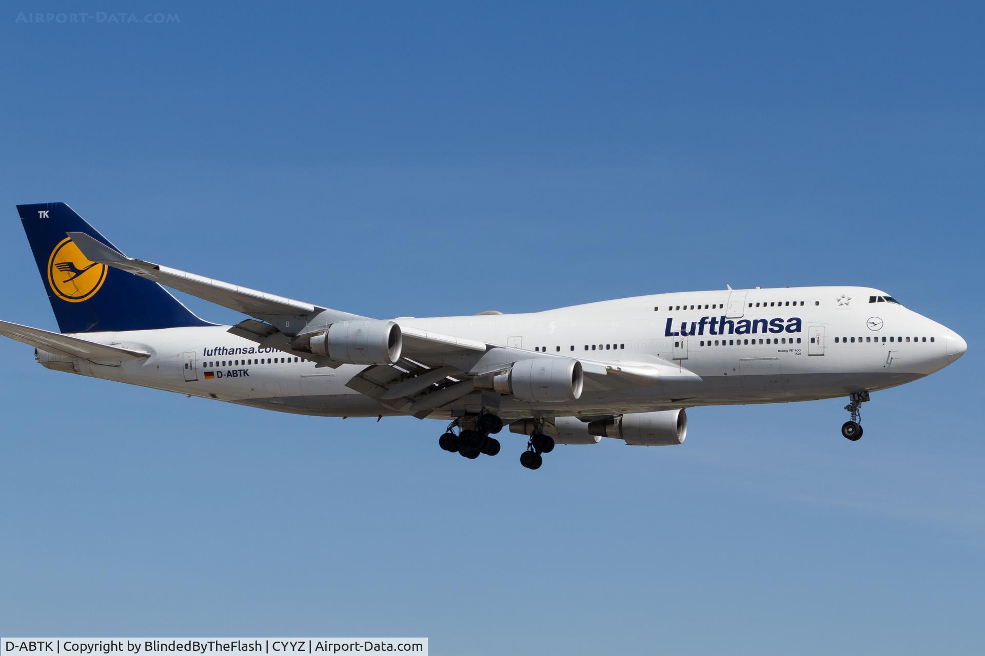 D-ABTK, 2001 Boeing 747-430 C/N 29871, On short final for runway 23 at Toronto Pearson