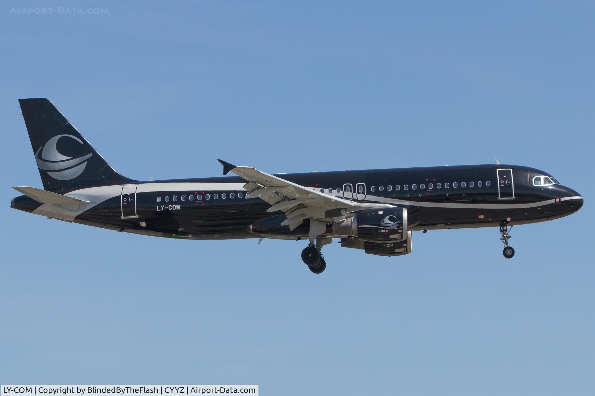 LY-COM, 1995 Airbus A320-212 C/N 528, On short final for runway 23 at Toronto Pearson