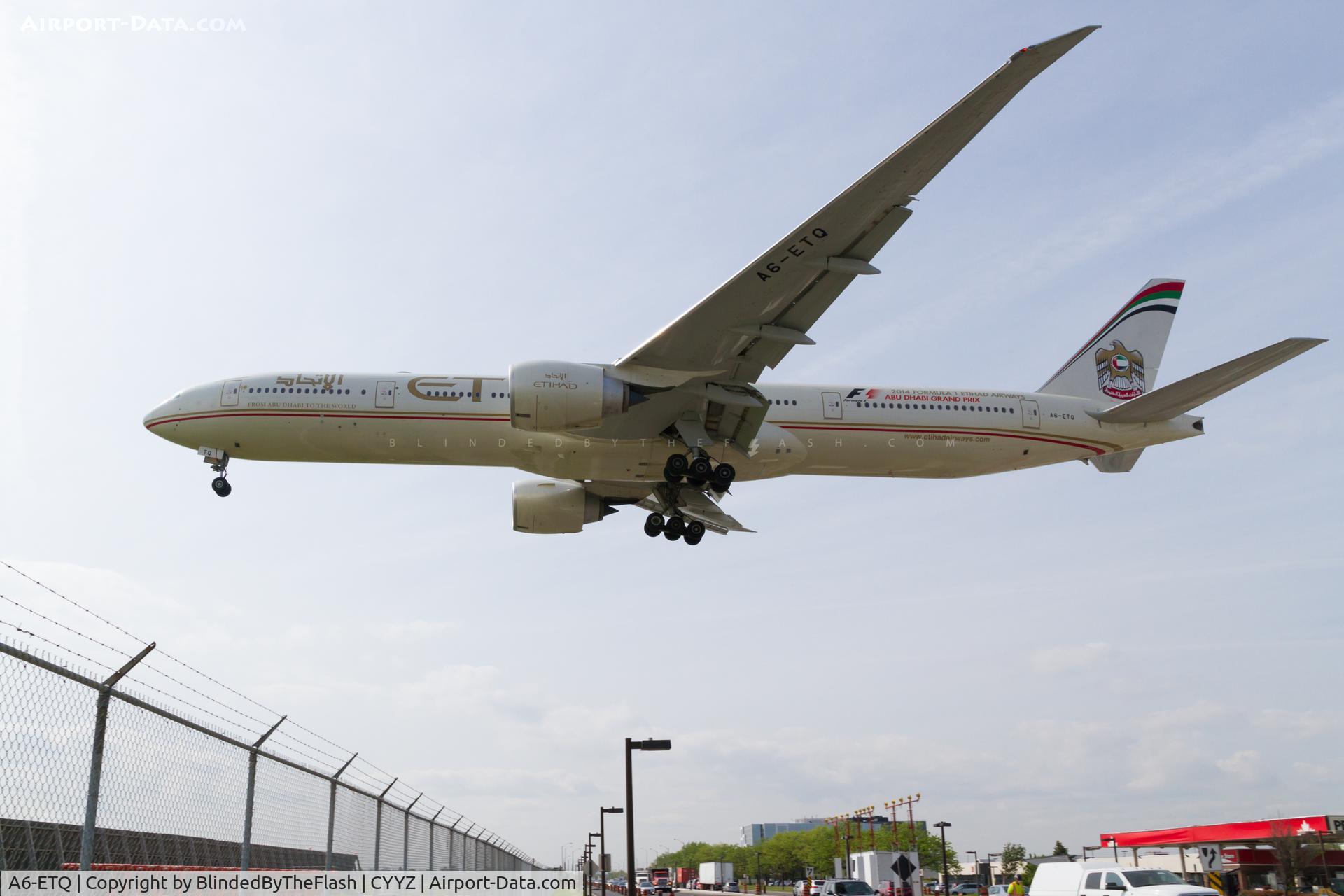 A6-ETQ, 2013 Boeing 777-3FX/ER C/N 41700, On short final for runway 23 at Toronto Pearson over Airport Rd.