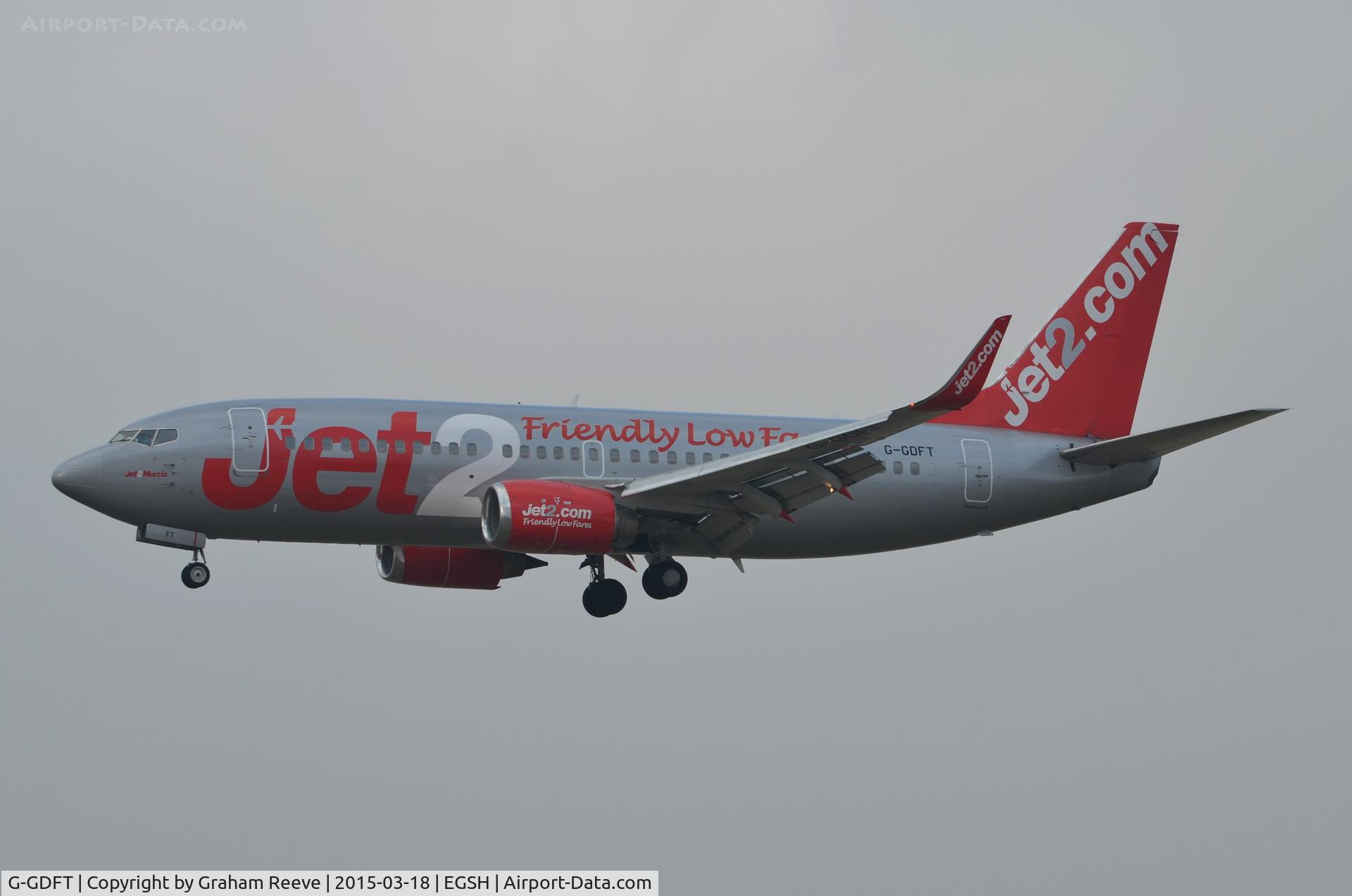 G-GDFT, 1998 Boeing 737-36Q C/N 29141, About to land at Norwich.