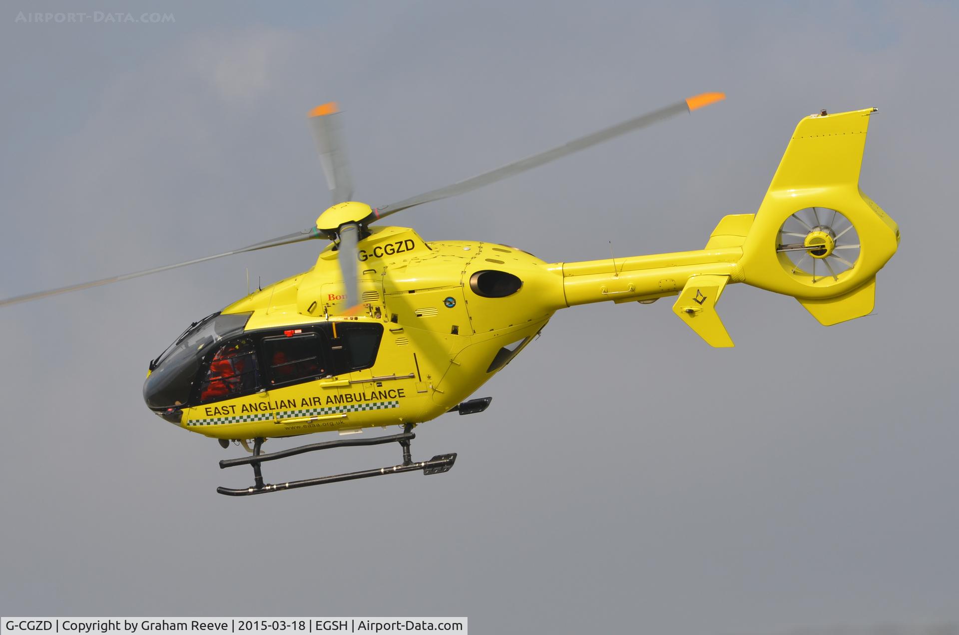 G-CGZD, 2006 Eurocopter EC-135P-2 C/N 0460, Departing from Norwich.