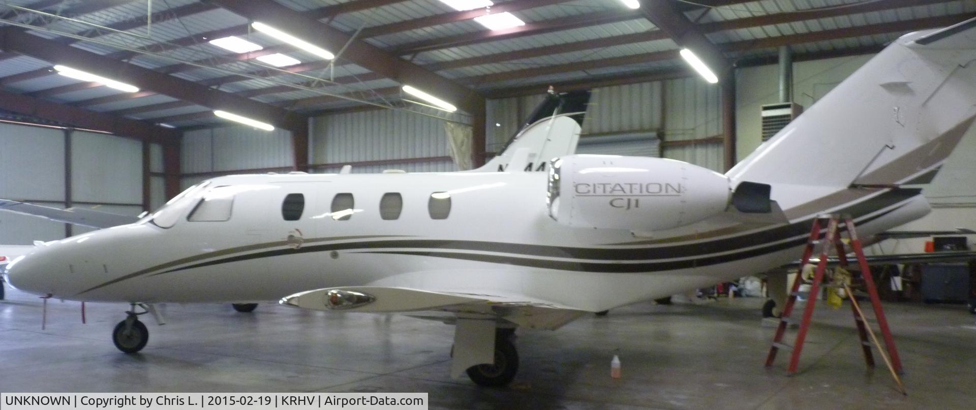 UNKNOWN, Miscellaneous Various C/N unknown, A rare and local Cessna Citation jet 1 is the only locally based airplane inside the Lafferty Aircraft Sales hangar.
