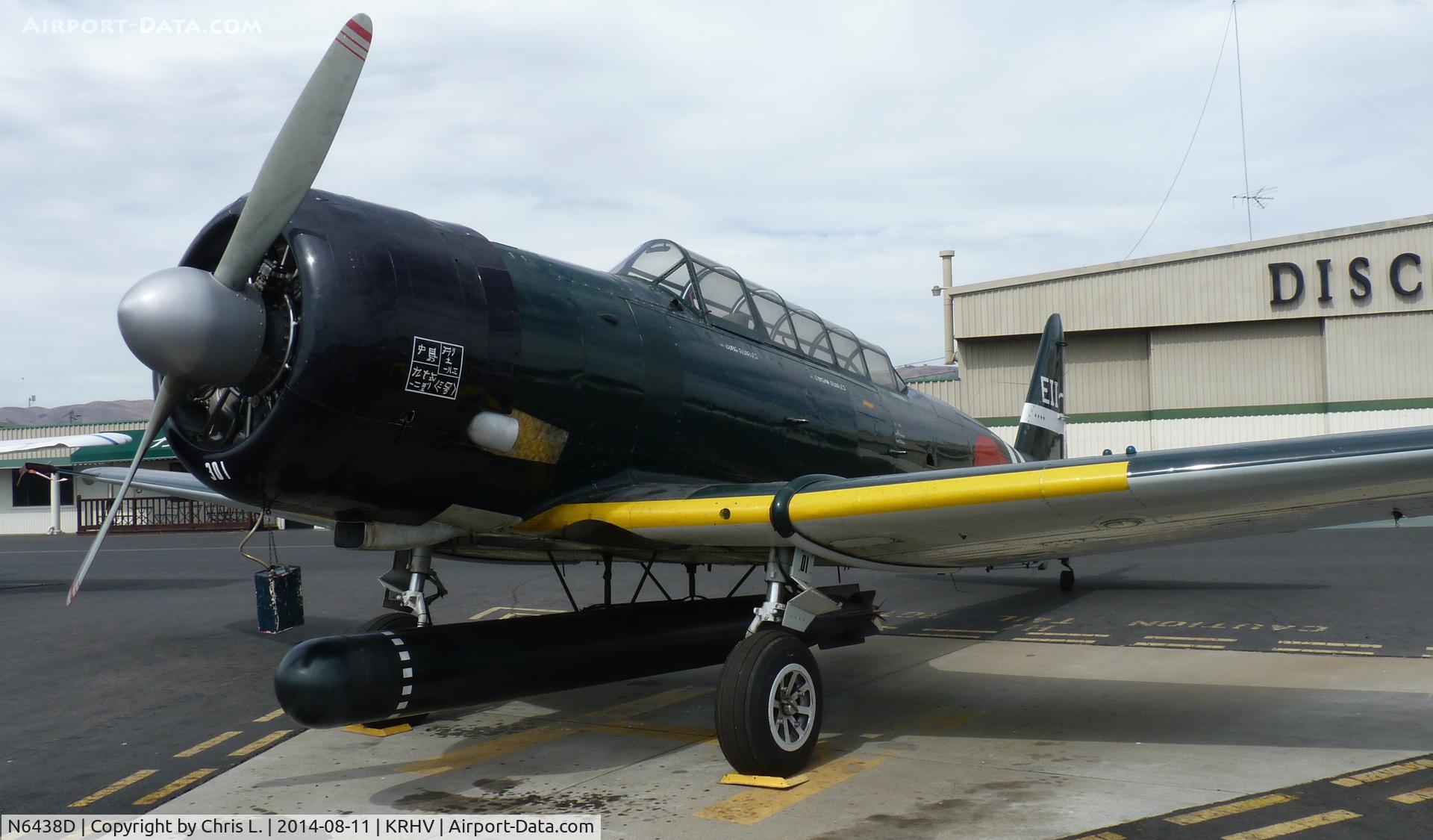 N6438D, 1944 North American SNJ-5C Texan Texan C/N 88-17652, A cool and rare 1944 North American SNJ-5 sitting in front of Discovery Air at Reid Hillview. It was used in the movie Tora! Tora! Tora! which was a reenactment of Pearl Harbor. This is now based at South County (E16).