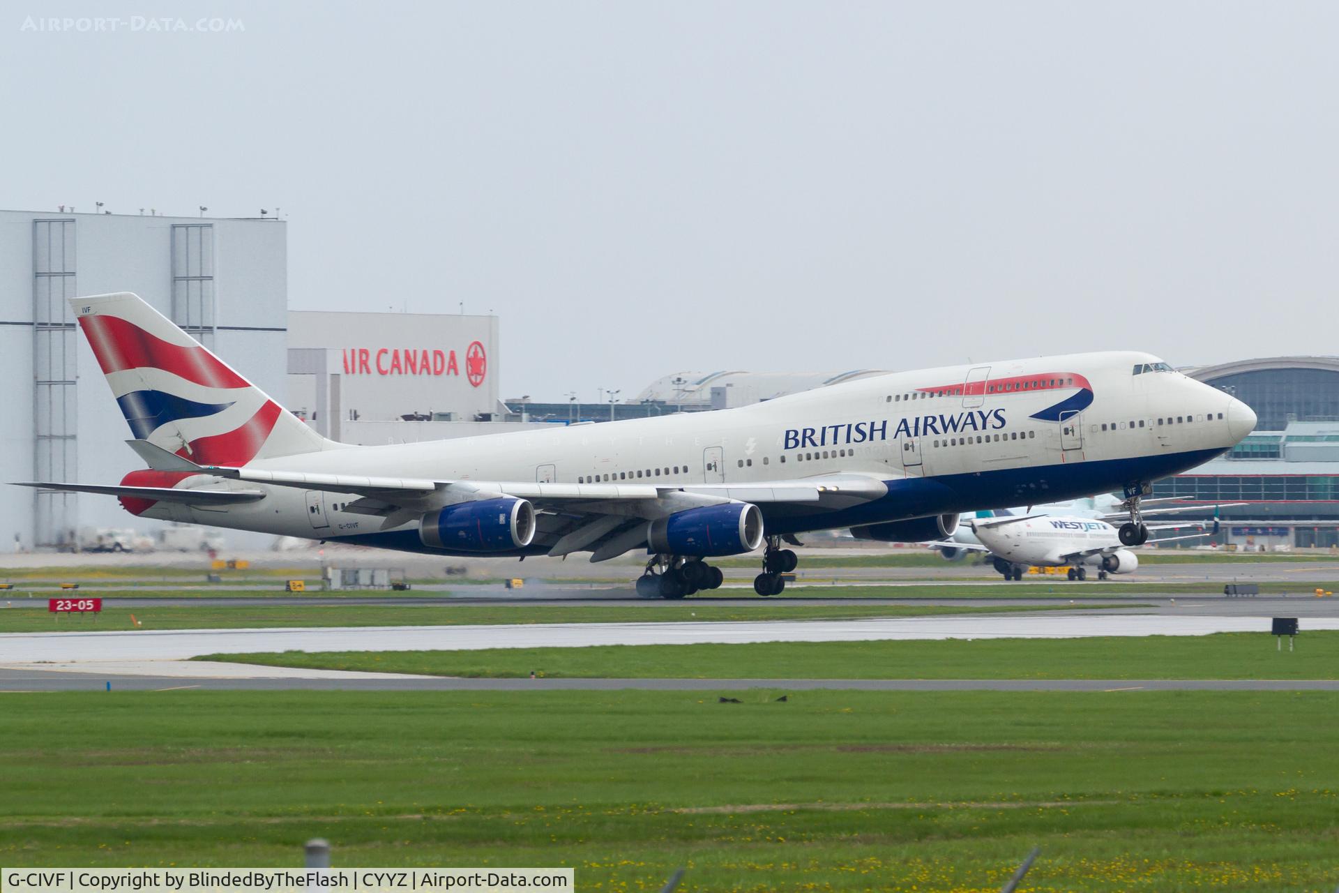 G-CIVF, 1995 Boeing 747-436 C/N 25434, Touchdown on runway 23 at Toronto Pearson