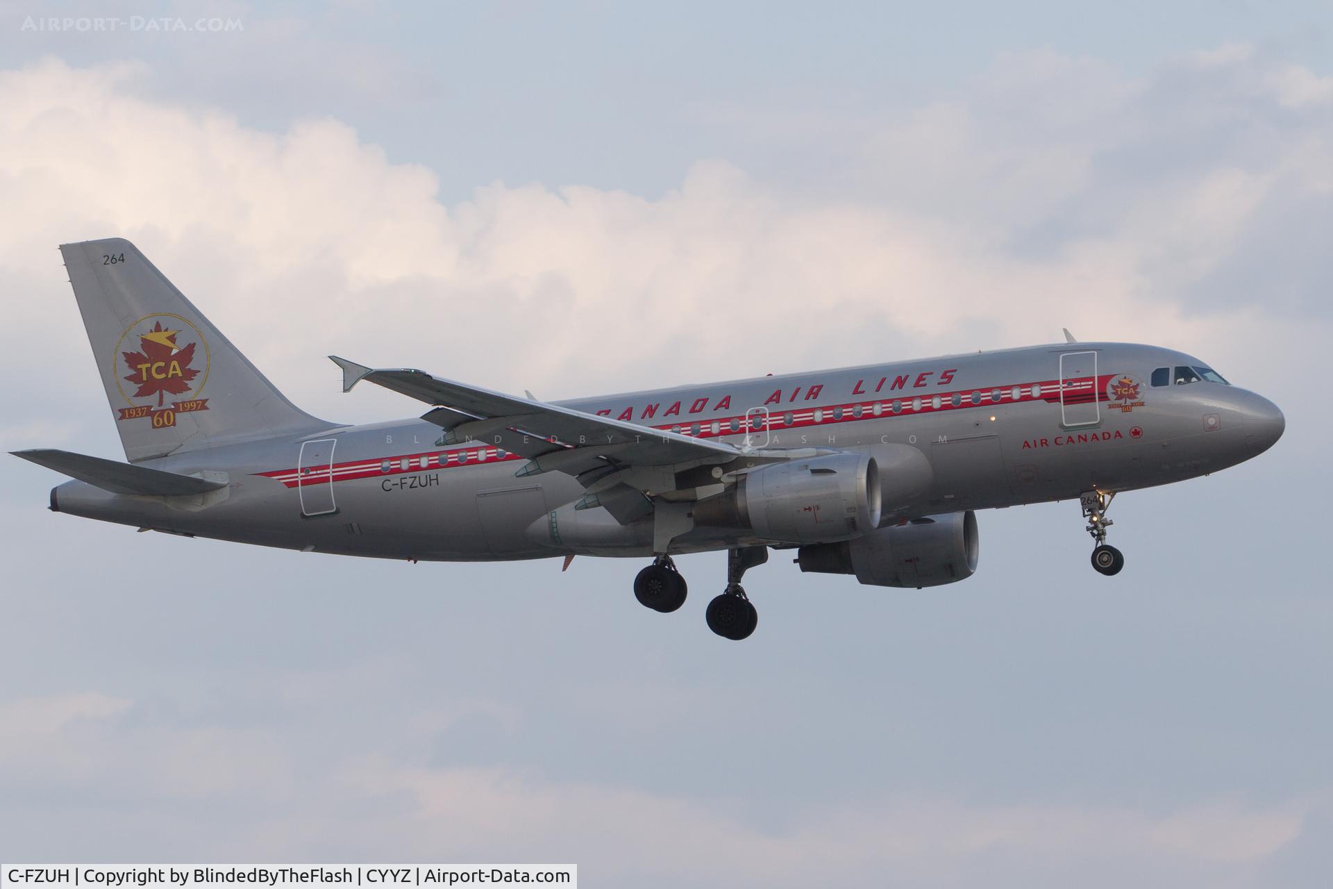 C-FZUH, 1997 Airbus A319-114 C/N 711, Air Canada in historic Trans Canada Air Lines Livery, on short final for runway 23 at Toronto Pearson