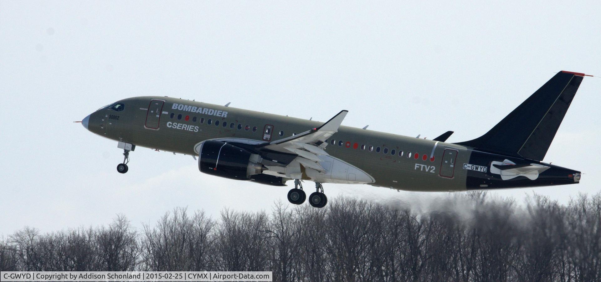 C-GWYD, 2013 Bombardier CSeries CS100 (BD-500-1A10) C/N 50002, FTV2 on a test flight out of Mirabel. Black paint used for icing tests.