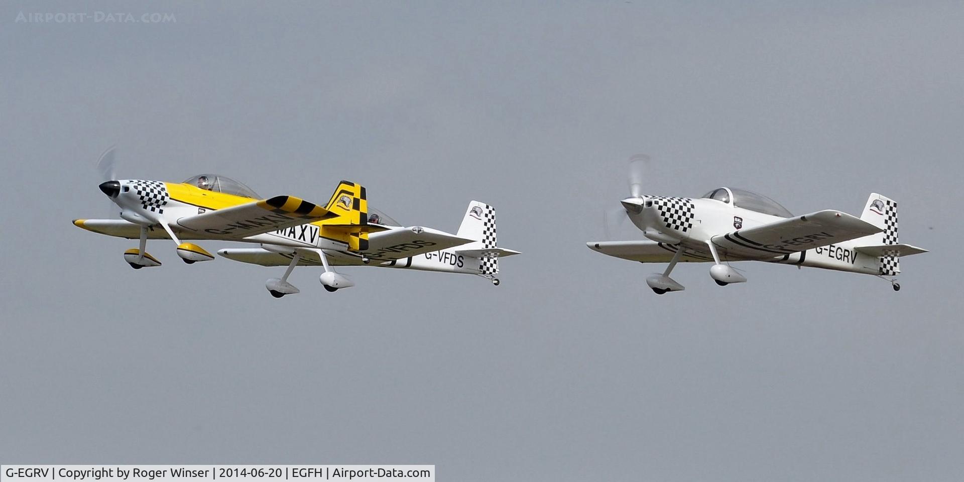 G-EGRV, 2007 Vans RV-8 C/N PFA 303-13639, Team Raven formation takeoff from Runway 22. Raven 3 (G-EGRV) formates on Raven 1 (G-MAXV) with Raven 2 (G-VFDS).