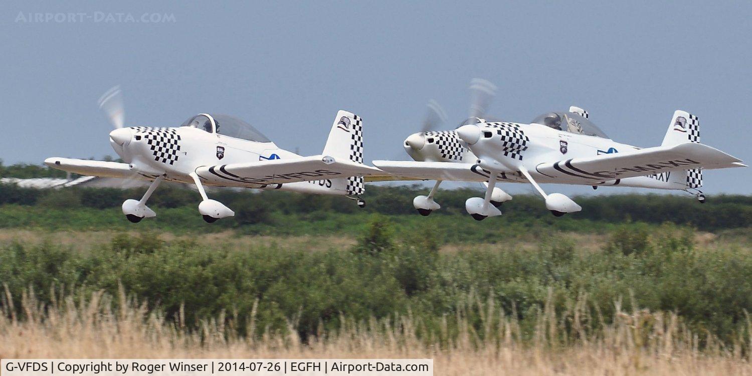 G-VFDS, 2012 Vans RV-8 C/N PFA 303-14637, Team Raven formation takeoff from Runway 22 with G-VFDS (Raven 2) formating on G-MAXV (Raven 1) with the nose of G-CIBM (Raven 4) in shot. Ravens 3 and 5 are out of shot.