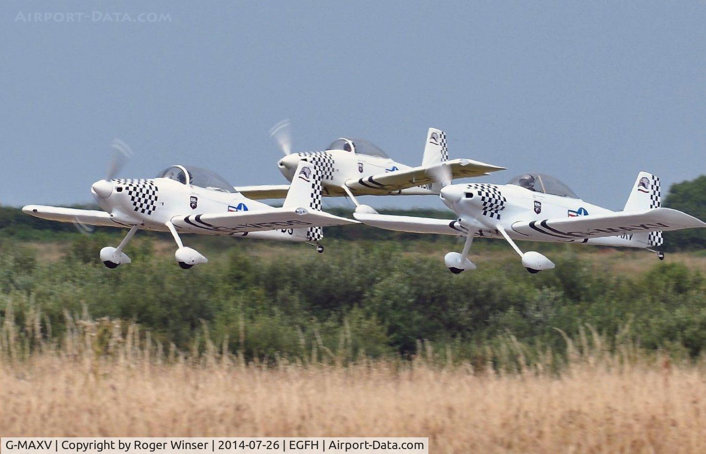G-MAXV, 2000 Vans RV-4 C/N PFA 181-13266, Team Raven formation takeoff led by G-MAXV (Raven 1) with G-VFDS (Raven 2) and G-CIBM (Raven 4) in the shot. Ravens 3 and 5 are out of shot.