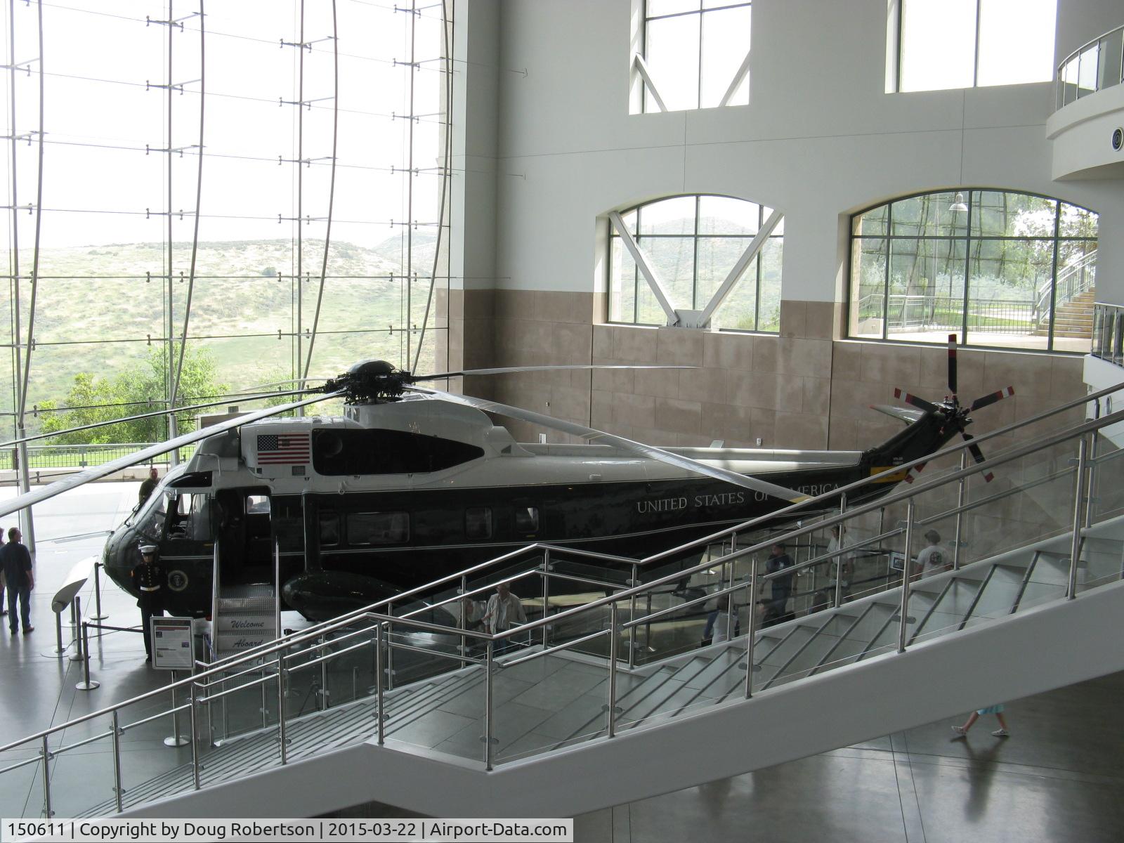 150611, 1961 Sikorsky VH-3A C/N 61-093, 1961 Sikorsky VH-3A MARINE ONE, two General Electric T58-GE-10 Turboshafts 1,400 shp each. On ground floor below AIR FORCE ONE 27000 at Ronald Reagan Presidential Library and Museum.
