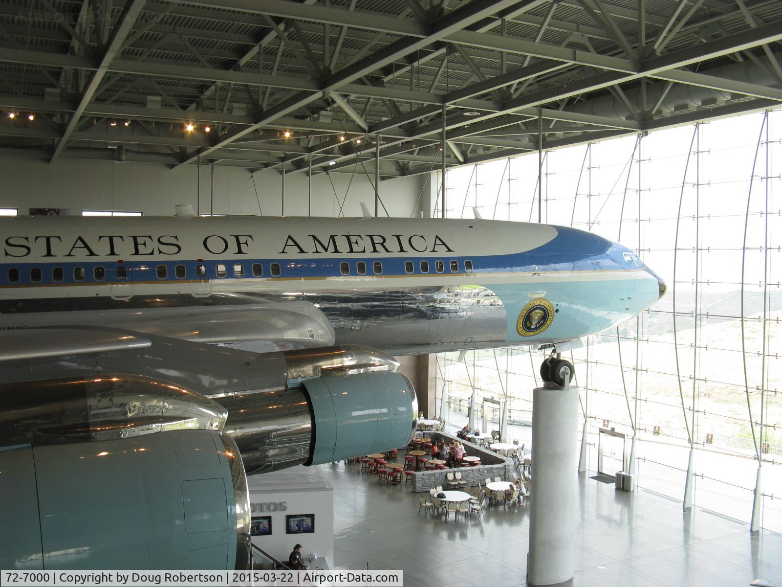 72-7000, 1972 Boeing VC-137C C/N 20630, 1972 Boeing VC-137C AIR FORCE ONE, aka 27000, four P&W TF-33-PW-102 low bypass ratio Turbofans, 18,000 lbf st each. At Ronald Reagan Presidential Library and Museum on massive columns.