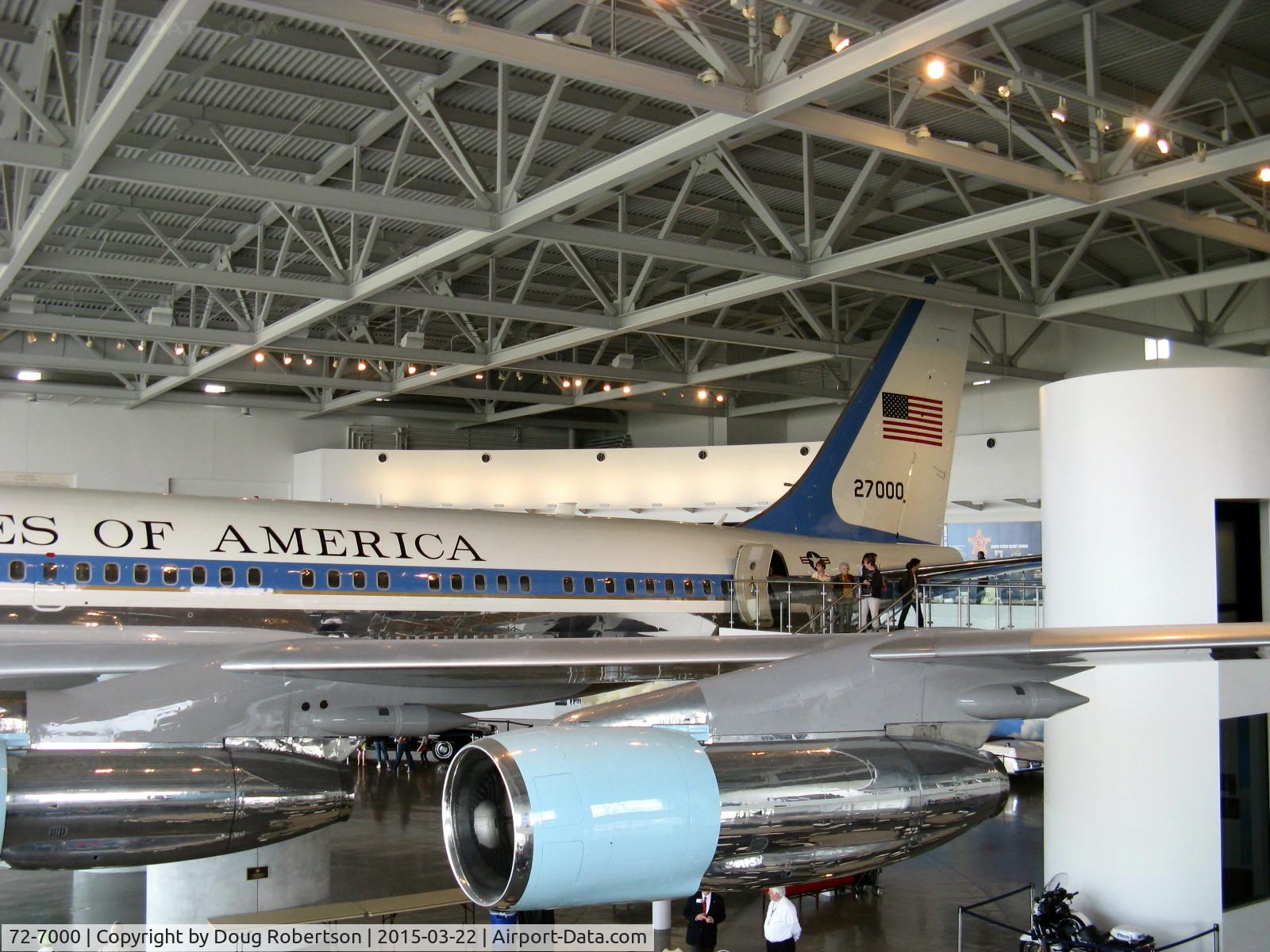 72-7000, 1972 Boeing VC-137C C/N 20630, 1972 Boeing VC-137C AIR FORCE ONE, aka 27000, 4 Pratt & Whitney TF-33-PW-102 low bypass ratio Turbofans 18,000 lbf st each. At Ronald Reagan Presidential Library and Museum. You may tour interior length but photography IS NOT permitted inside aircraft.