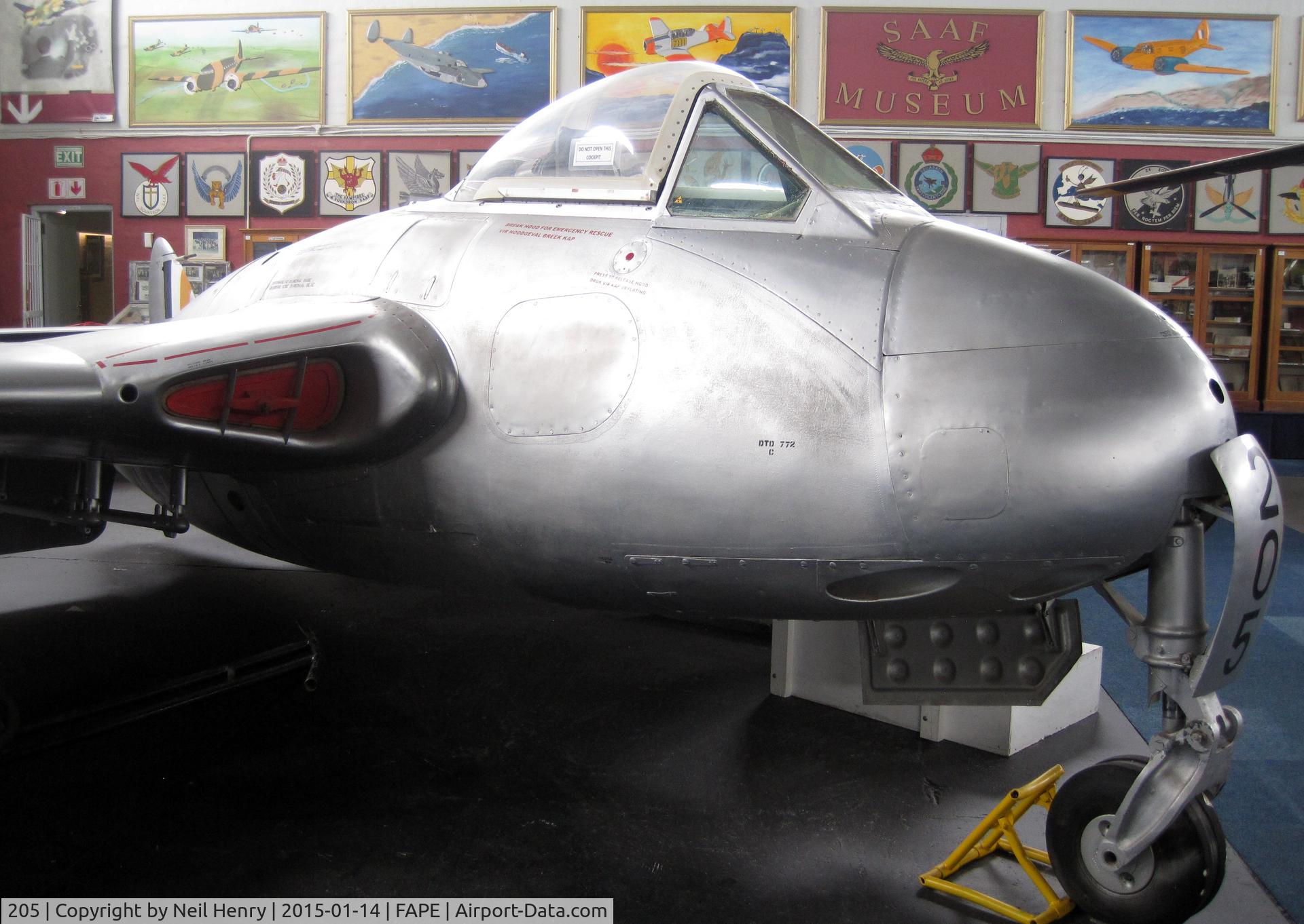 205, De Havilland DH-100 Vampire FB.5 C/N EP42784, Exhibit at SAAF museum Port Elizabeth, SA (PLZ/FAPE)