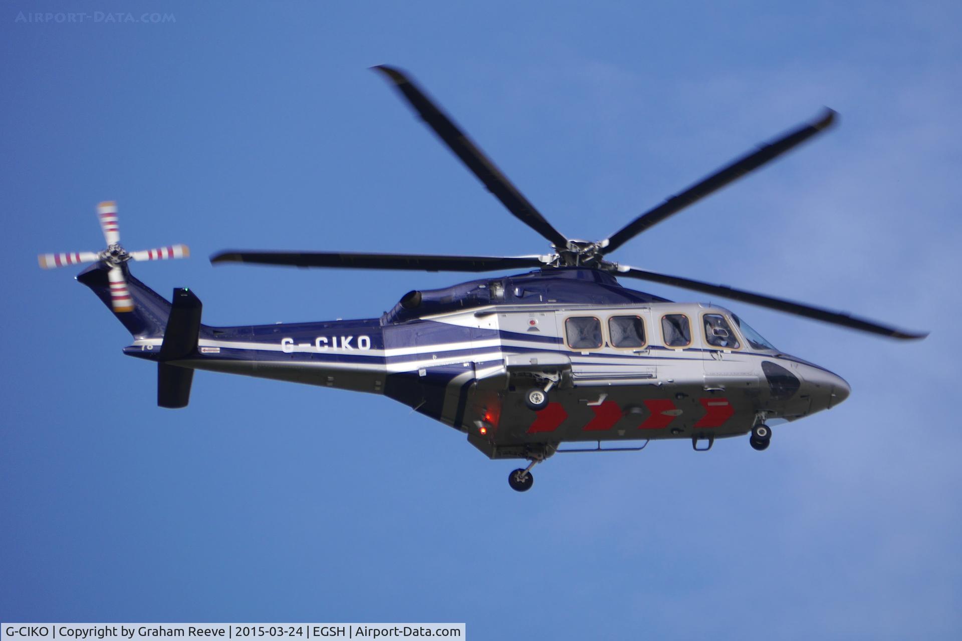 G-CIKO, 2014 AgustaWestland AW-139 C/N 41378, About to land at Norwich.
