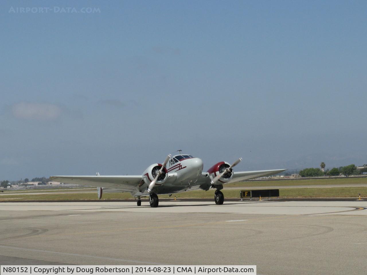 N80152, 1946 Beech D18S C/N A-112, 1946 Beech D18S, two P&W R-985 Wasp Jr. 450 Hp each, Beech built more D18Ss in this one 1946 year, 296, than any other Beech 18 model over the 18's production span, taxi