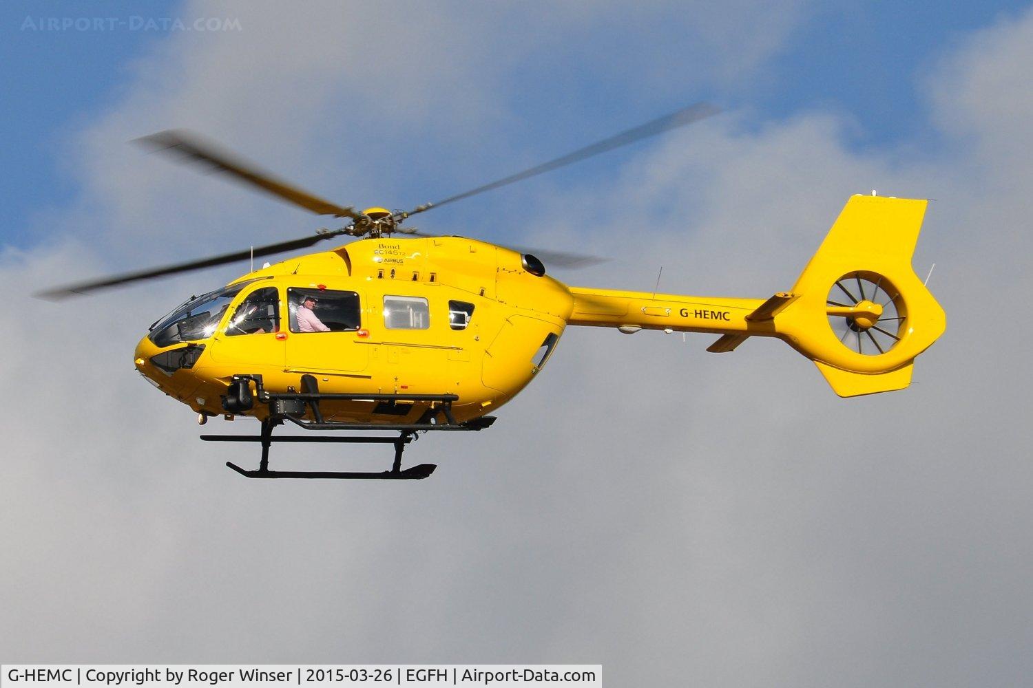 G-HEMC, 2014 Airbus Helicopters EC-145T-2 (BK-117D-2) C/N 20012, Visiting air ambulance helicopter operated by Bond Air Services departing the airport. Previously registered D-HADM