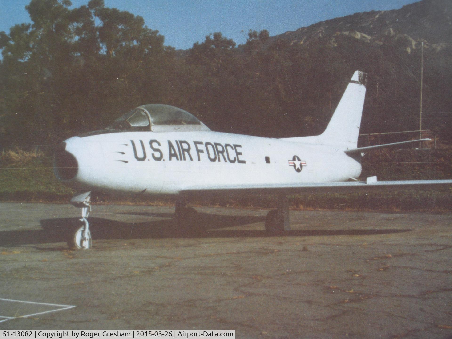 51-13082, 1951 North American F-86F-20-NH Sabre C/N 176-13, F-86 51-13082  taker at Vista Del Mar school yard  in mid 70s